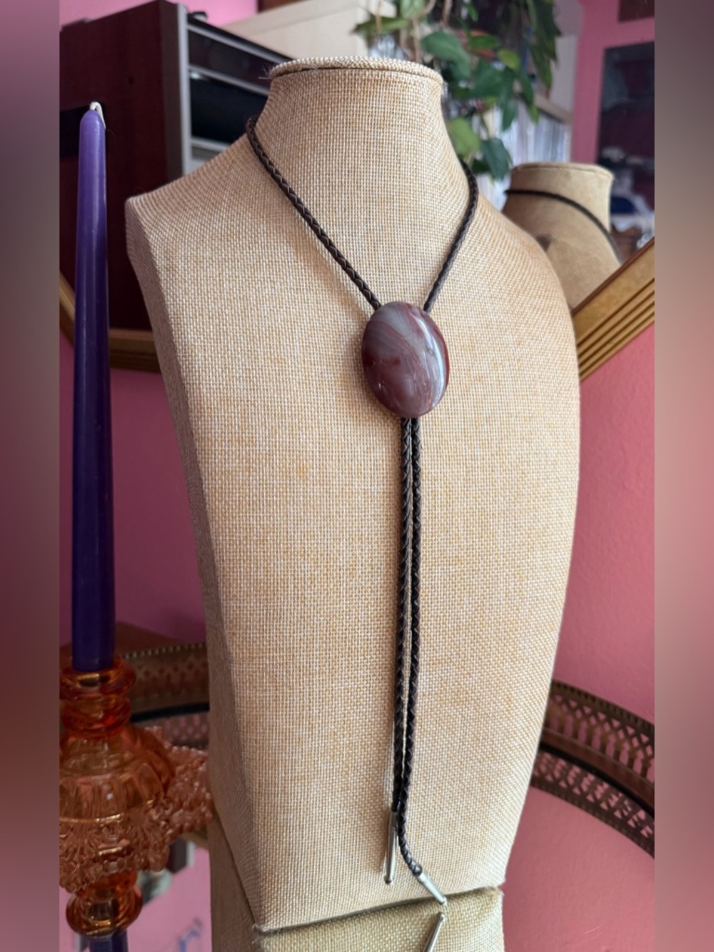 1970's Polychrome Jasper Two-Tone Leather Bolo Tie